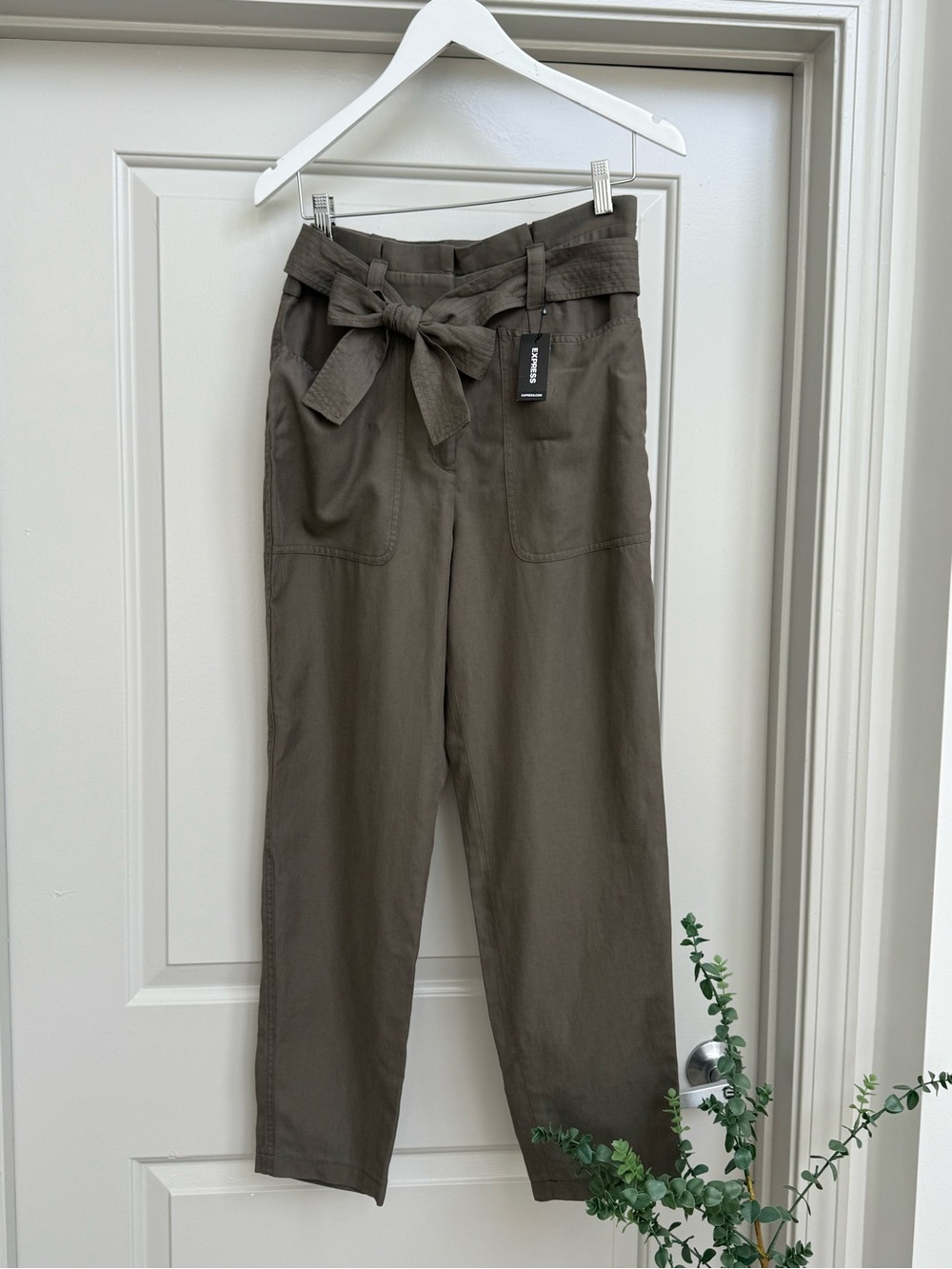 Express Olive Green Paperbag Waist Straight Leg Pants